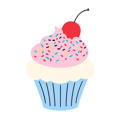 Simple cartoon cupcake with sprinkles and a cherry on top