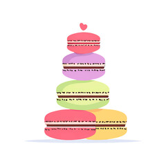 Colorful macarons stacked in a pyramid with soft shadows.