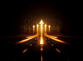Golden arrows illuminate a dark, futuristic road, converging towards a bright horizon, symbolizing growth and progress.  The background hints at a digital cityscape.