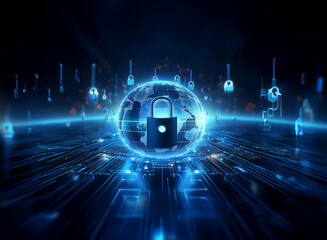 A glowing digital earth, encircled by padlock icons, symbolizes global cybersecurity and data protection.  The image depicts a futuristic, high-tech concept of online security.