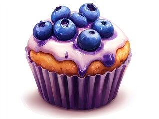 A single blueberry cupcake with white frosting and purple drizzle.