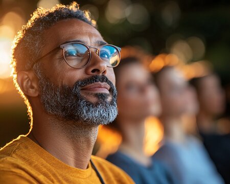 Thoughtful man with glasses looking up, hopeful expression.