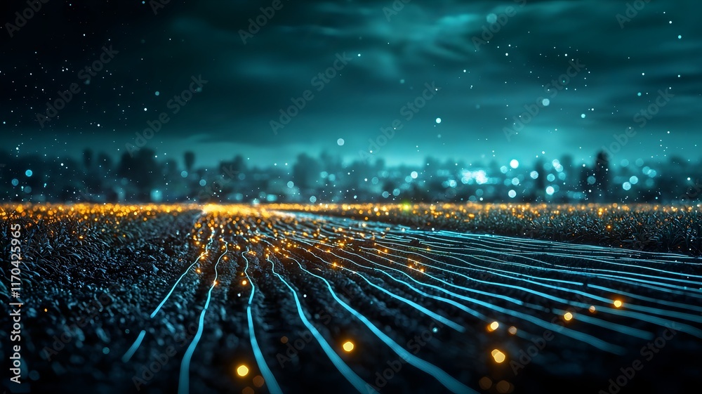Poster futuristic quantum computing powered map visualizing regional agricultural crop yield forecasts with