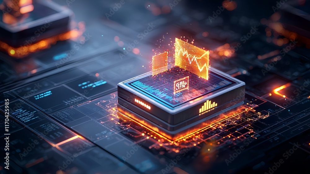Poster detailed quantum simulation of economic forecasting with glowing virtual twin models displaying gdp 