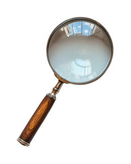 small hand held desk magnifying glass with wooden handle, reflecting light