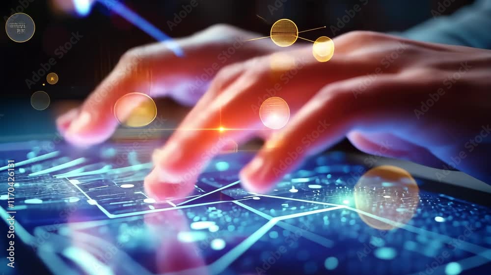 Poster hands engaged in digital coding on a futuristic interface showcasing vibrant graphics