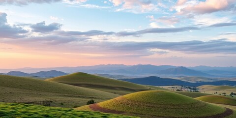 Serene Sunset Over Rolling Hills and Distant Mountains