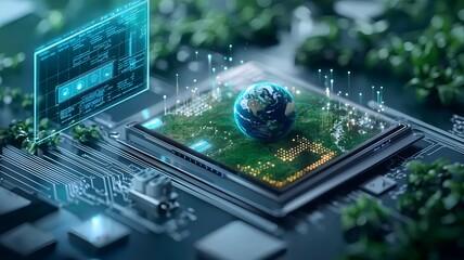 Futuristic scene of quantum computing forecasting climate change impacts with holographic earth models and emission trajectories leaving copy space on the top left