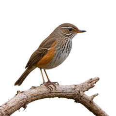 Fototapeta premium Xhosa scrub-robin on piece of wood isolated on white background