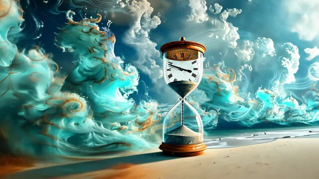 Creative depiction of time flowing with swirling waves and an hourglass at a serene beach setting