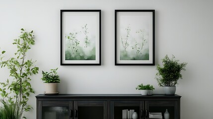 mockup white framed picture above wooden shelf with indoor plants