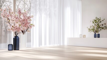 Fototapeta premium Minimalist bright room interior with cherry blossoms in vases, sunlight through sheer curtains, hardwood floor.