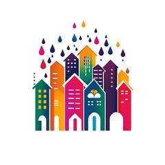 Fototapeta premium Colorful stylized houses with raindrops, symbolizing urban life and nature.