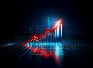 A vibrant red arrow ascends, symbolizing growth and progress, over a futuristic cityscape backdrop of glowing blue bar graphs and data streams.  It represents technological advancement and economic pr