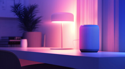 Smart Home Ambiance: A sleek smart speaker on a desk in a dimly lit room with soft pink and blue lighting. The speaker glows with vibrant colors, adding a touch of modern elegance to the space. 