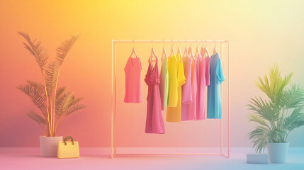 Summer Fashion Rack: A vibrant display of colorful clothing hangs on a chic rack, bathed in a warm gradient of summery hues. This image evokes a sense of carefree style and effortless fashion.  