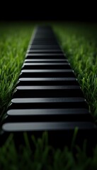 Obraz premium Black rectangular blocks in lush green grass, a path extending into the distance. Clean lines, nature contrast.