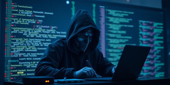 Back view of female hacker coding dangerous virus to attack company database at midnight using high-performance device, hacker, coding