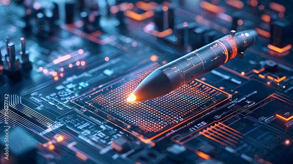  futuristic quantum computing driven missile defense system with glowing data grids tracking incoming