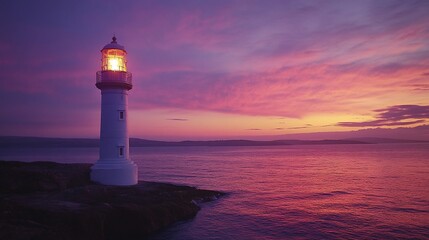 Fototapeta premium Coastal lighthouse sunset, ocean, guide, hope, dramatic sky, calm sea, navigation, safety, twilight