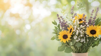 Obraz premium Bright Sunflower Bouquet with Lavender and Greens