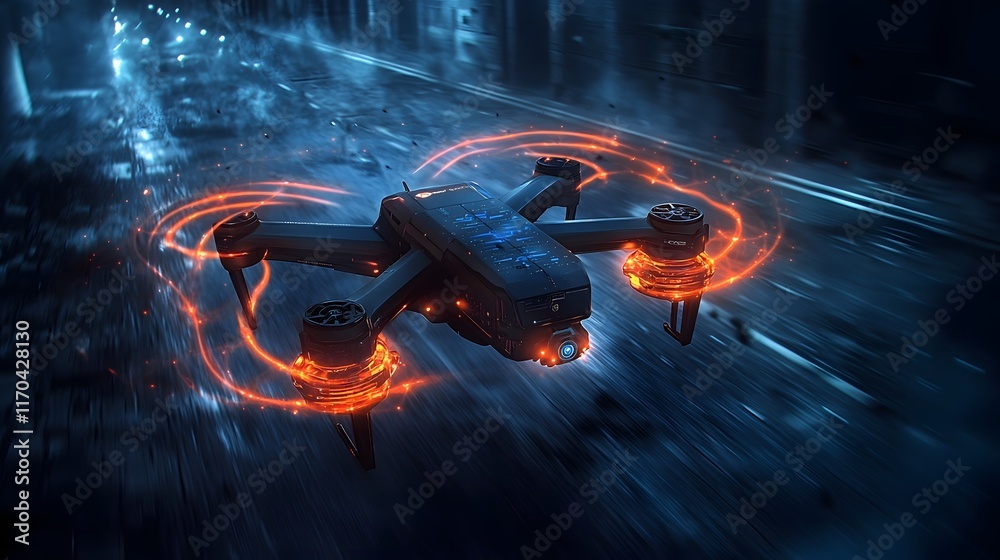 Poster Quantum computing driven drone surveillance system visualization showing glowing paths of predictive tracking analysis leaving copy space on the left side of the frame