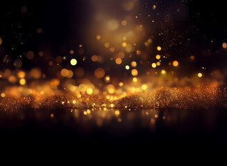 Glowing golden particles and bokeh lights illuminate a dark background, creating a luxurious and magical effect.  The shimmering dust reflects light, suggesting movement and energy.
