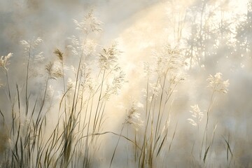Fototapeta premium Golden Grass In Misty Morning Sunlight