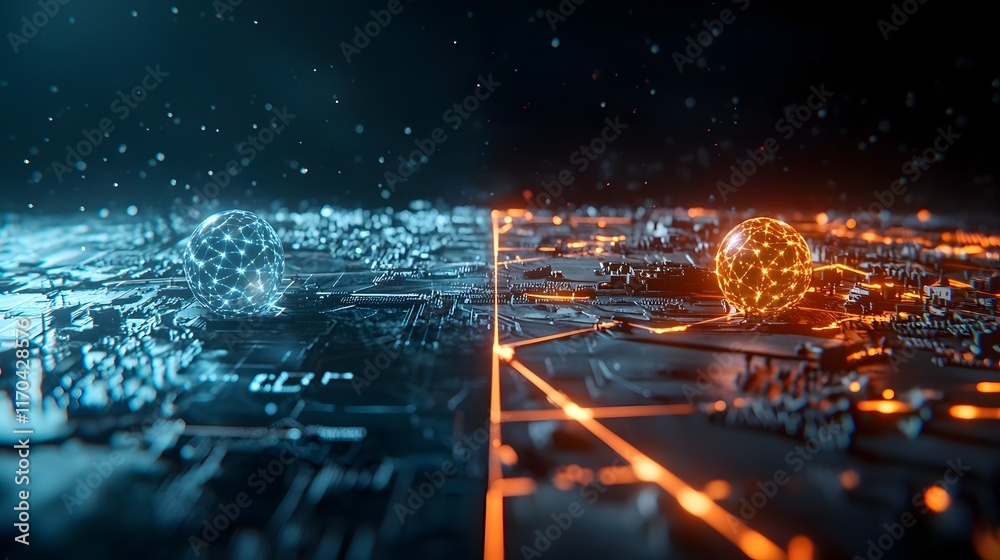 Poster quantum computer model predicting and neutralizing military threats with glowing virtual twin simula