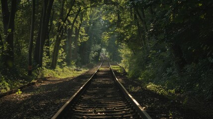 Obraz premium A serene railway track winding through a lush, green forest.