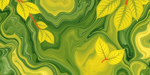 Vibrant Yellow Leaves on a Swirling Green Marble Background, Perfect for Nature-Themed Designs and Decor