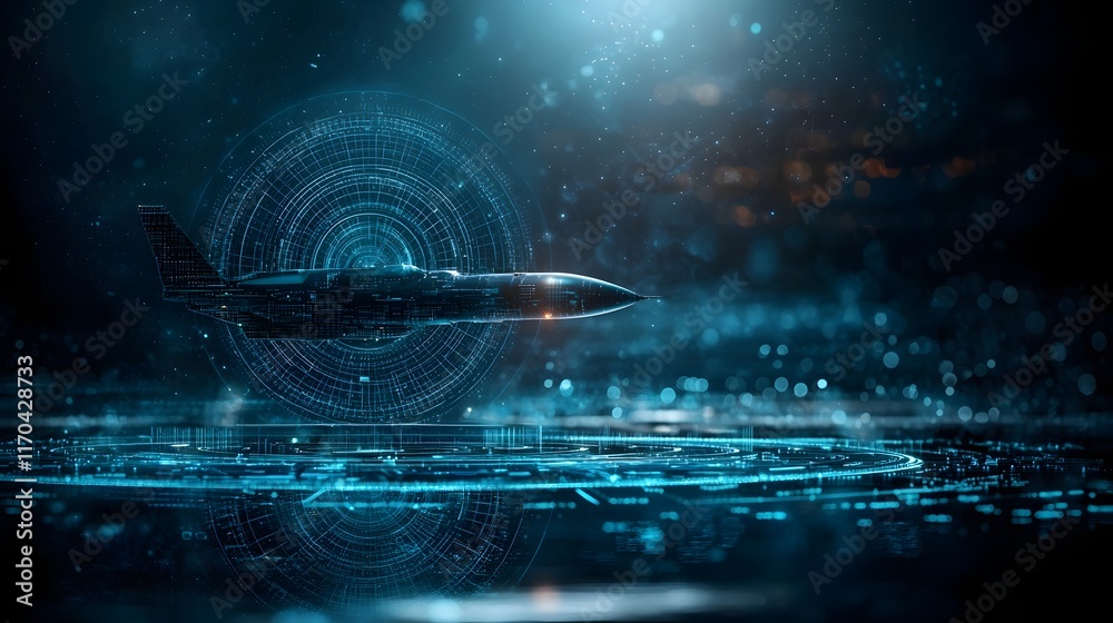 Poster futuristic radar system powered by quantum computing visualized with holographic grids and dynamic o