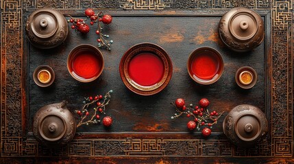 Elegant Chinese Teahouse Experience Traditional Setting Beverage Presentation Tranquil Environment Top View Cultural Ritual