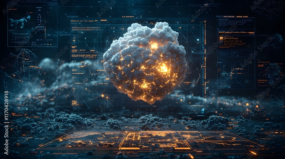 Poster a high tech quantum simulation visualizing global nuclear threat scenarios with glowing heatmaps and