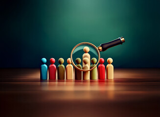 A magnifying glass focuses on a single wooden figure within a row of diverse figures, highlighting the concept of selection and individual assessment within a group.
