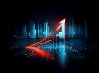 Fototapeta premium A glowing red arrow ascends a bar graph, symbolizing growth and progress against a futuristic cityscape backdrop. The scene is vibrant and dynamic, suggesting technological advancement and economic s