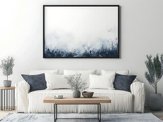black frame mockup on wall with white decor and cozy modern furnishings