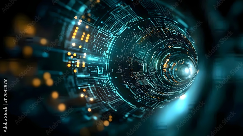 Poster Simulation of a cutting edge quantum computing based emergency alert system featuring glowing dynamic visualizations of real time data analytics and leaving ample copy space on the right side