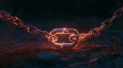 A chain is broken in two pieces, with one piece hanging off the other