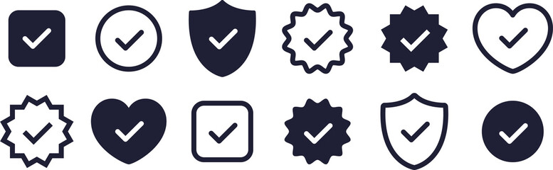 Check mark icons, security shield checkmark, heart love check icon, vector symbols with check mark. Official line and filled check mark icons. Vector illustration © denvitruk