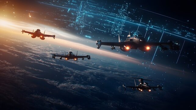 Highly advanced virtual twin of a quantum enabled defense grid monitoring and neutralizing airborne threats with precision and efficiency  Featuring a clean