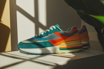 Colorful sneakers, studio shot, sunlight, plant, advertising