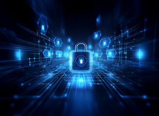 A glowing digital padlock sits at the center of a futuristic, circuit-board-like background, surrounded by glowing security icons. This symbolizes digital protection and data security.