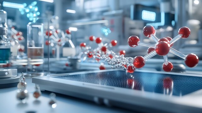 A futuristic scene of quantum computing predicting bioterrorism threats visualized with holographic molecular models and spread simulations leaving copy space on the left