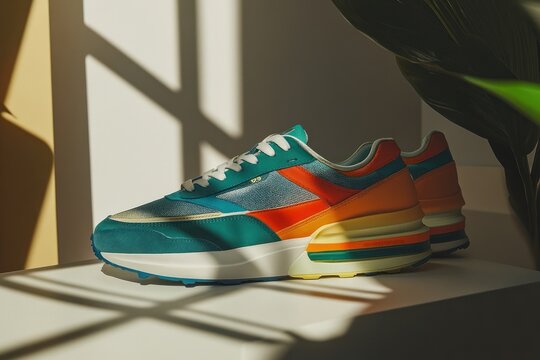 Colorful sneakers, studio shot, sunlight, plant, advertising - Powered by Adobe