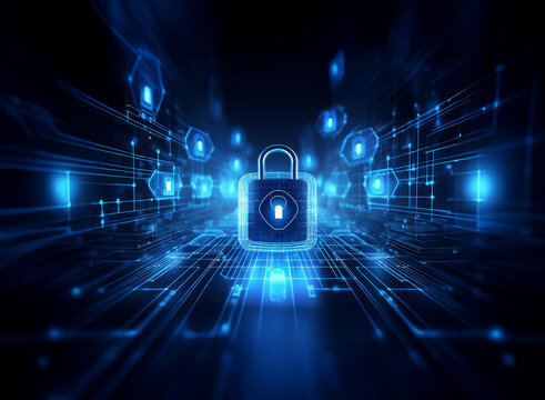 A glowing digital padlock sits at the center of a futuristic, circuit-board-like background, surrounded by glowing security icons.  This symbolizes digital protection and data security.