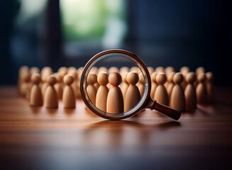 A magnifying glass focuses on a small group within a larger crowd of wooden figures, symbolizing selection or scrutiny of a specific segment of a population.