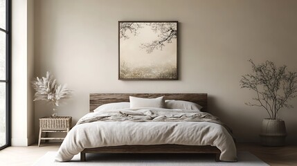 mockup poster frame in chic bedroom with neutral tones and minimal decor