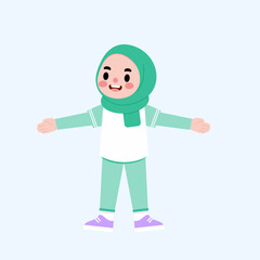 Happy Muslim Girl Child in Hijab Cartoon Illustration Friendly Welcoming Pose