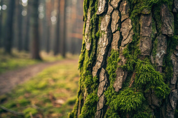 Obraz premium Close-up of rough tree bark with patches of green moss, representing nature, texture, and the outdoors. AI generated